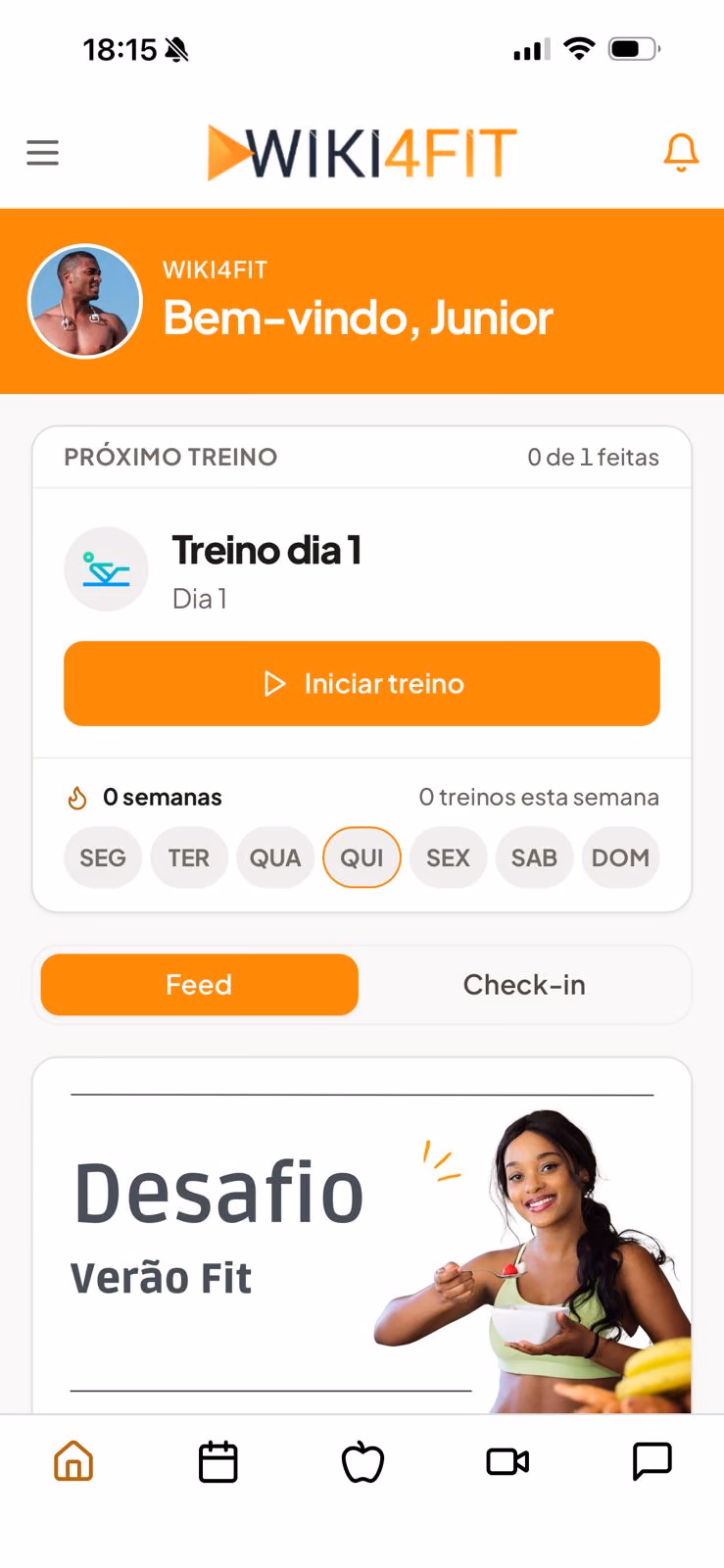Tela inicial personalizada do aluno no aplicativo Wiki4Fit